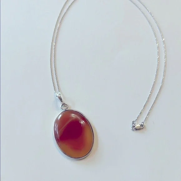 14K White Gold Chain Amber Agate Pendant Necklace 925 Silver - Picture 10 of 15